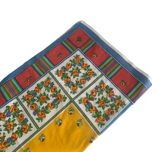 French Country Cotton Rectangular Tablecloth Floral Geometric 1940s 1950s Fabric