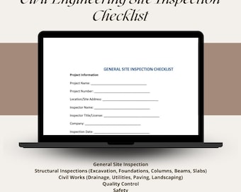 May include: A black laptop displays a civil engineering site inspection checklist. The checklist includes sections for project information, general site inspection, structural inspections, civil works, quality control, safety, and environmental compliance.