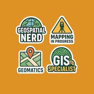 May include: Four stickers with geospatial and mapping themes. The stickers are on an orange background. The stickers include the phrases "GEOSPATIAL NERD", "MAPPING IN PROGRESS", "GEOMATICS", and "GIS SPECIALIST". Each sticker has a white border.