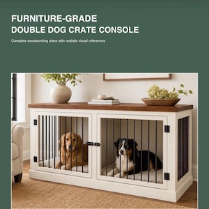 Puede incluir: Una consola de doble jaula para perros de calidad de mueble con marco blanco, barras de metal negro y tapa de madera marrón. El texto dice: FURNITURE-GRADE DOUBLE DOG CRATE CONSOLE. Planos de carpintería con referencias visuales.