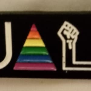 Puede incluir: Pin rectangular negro con la palabra "EQUALITY" en letras blancas. La "E" tiene rayas amarillas, la "U" tiene un triángulo arcoíris y la "L" tiene un puño en alto. El pin incluye símbolos de discapacidad, LGBTQ+ e igualdad de género.