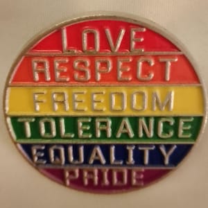 May include: A circular pin with a rainbow design and the words "LOVE, RESPECT, FREEDOM, TOLERANCE, EQUALITY, PRIDE" in silver lettering. The pin has a red, orange, yellow, green, blue, and purple colour scheme.