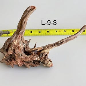 May include: A piece of brown driftwood labeled L-9-3, featuring a textured, gnarled surface with a prominent vertical branch and a long, slender horizontal extension. A yellow measuring tape shows the piece spans approximately 11 inches in length.
