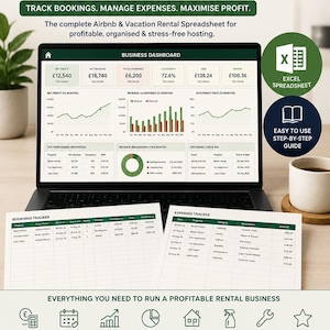 Puede incluir: Un sistema de gestión empresarial para alquileres a corto plazo, con un portátil que muestra un panel de control con gráficos financieros y rastreadores de gastos. Incluye el texto: Short-Term Rental Host Business System, Track Bookings, Manage Expenses, Maximise Profit, Excel Spreadsheet y Easy to Use Step-by-Step Guide.