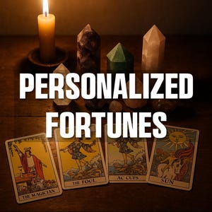 Puede incluir: Una vela encendida, cristales y cartas del tarot están dispuestas sobre una superficie de madera. Las cartas presentan ilustraciones y texto, con las palabras "PERSONALIZED FORTUNES" en un lugar destacado. También es visible el texto "fortunes by sydney".