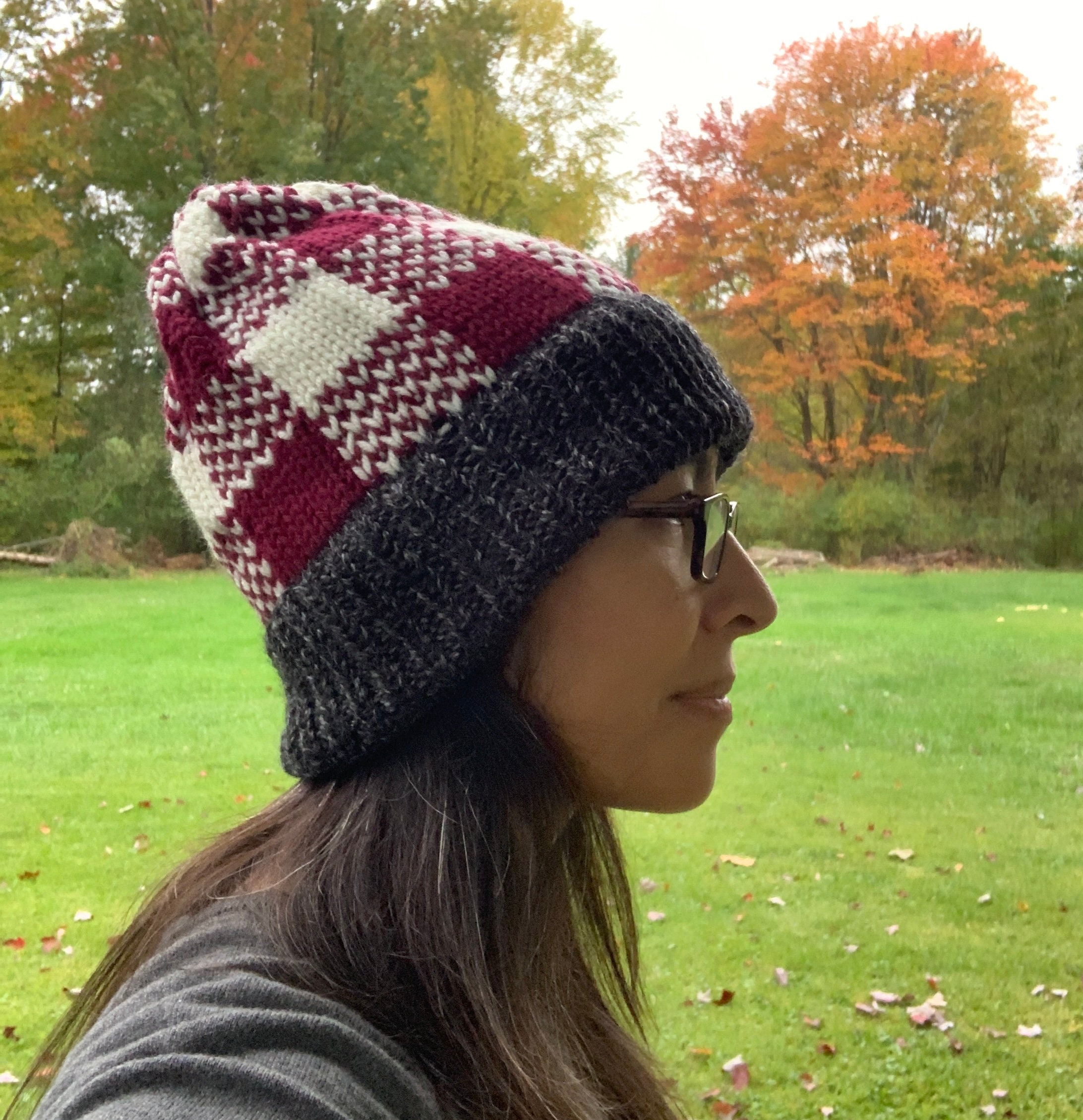 ハンドメイドバッファローチェック柄ニットビーニー：ウール混紡