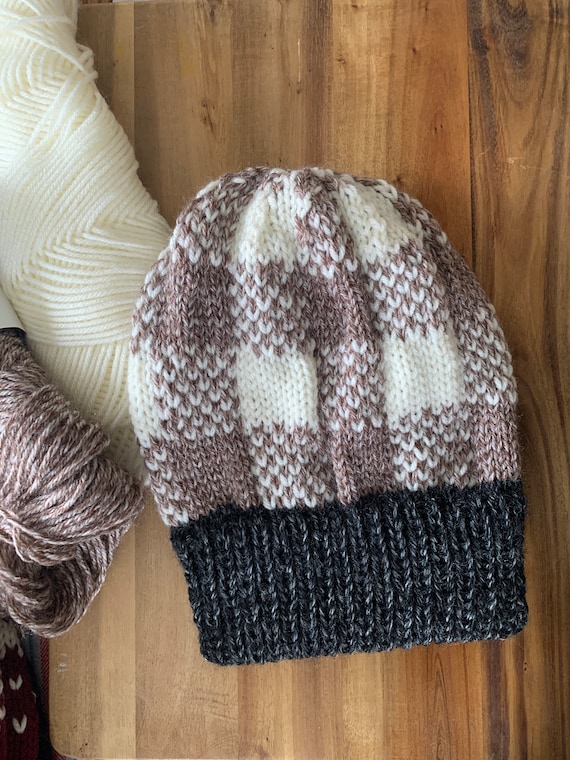 Shit That I Knit Plaid Beanie in Red and White Buffalo Check Shit That I Knit Products for Sale up to 90% Off Retail  main image 2