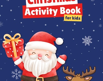 Pode incluir: Um livro de atividades de Natal para crianças, download em PDF. A capa apresenta o Papai Noel segurando um presente e uma rena em um fundo azul com flocos de neve. O texto inclui "Idades 4-7. Pré-escola - 1ª série".