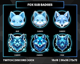 Glowing Blue Fox Sub Badges | 6 Tier Loyalty Set (Twitch, Discord, Kick)
