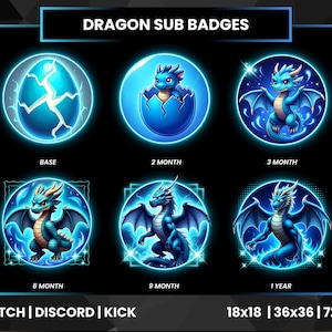 May include: A set of six blue dragon-themed sub badges for Twitch, Discord, and Kick. Each badge features a different dragon design, with text indicating the subscription duration: Base, 2 Month, 3 Month, 6 Month, 9 Month, and 1 Year. The badges are available in 18x18, 36x36, and 72x72 pixel sizes.