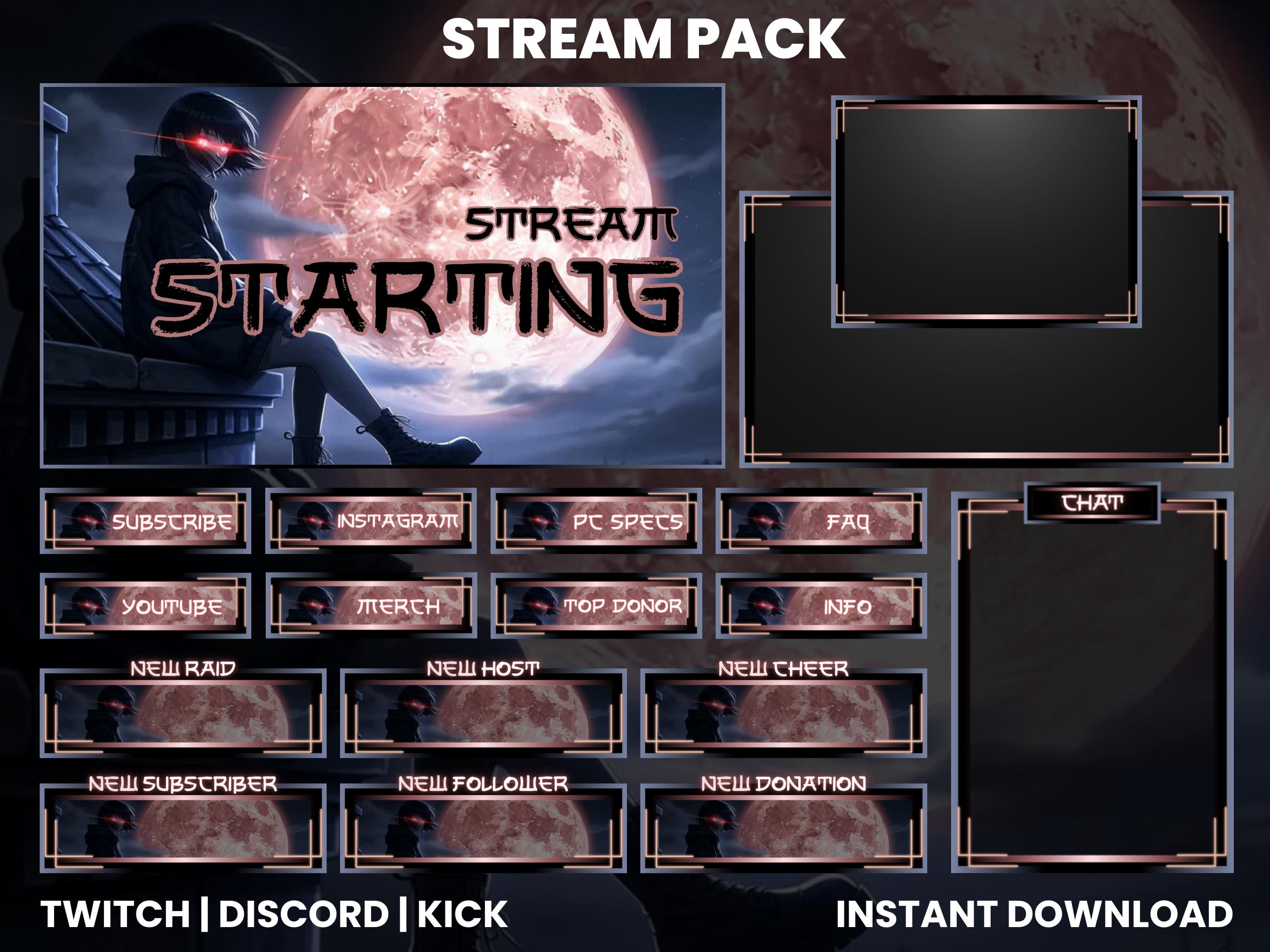 Dark Anime Stream Overlay Pack | Twitch, Discord, Kick (instant ...