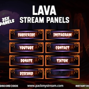 May include: A set of 35X LAVA STREAM PANELS featuring rectangular buttons with orange glowing borders and dripping lava effects. The text includes SUBSCRIBE, INSTAGRAM, YOUTUBE, CONTACT, DONATE, TIKTOK, and DISCORD. The background is a dark cave.