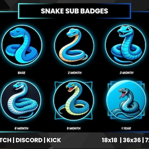 Pode incluir: Conjunto de seis emblemas de subscrição de cobra de desenho animado em tons de azul, com designs e expressões variadas. Cada emblema está em uma moldura circular, rotulada com incrementos de tempo de "Base" a "1 Year". Texto na parte inferior: "Twitch | Discord | Kick".
