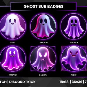 Könnte beinhalten: Ein Satz von sechs Geister-Sub-Badges in einem kreisförmigen Design, jedes mit einem anderen Ausdruck und Farbverlauf. Die Badges sind für Basis, 2, 3, 6, 9 Monate und 1 Jahr beschriftet. Der Text "GHOST SUB BADGES" steht oben.