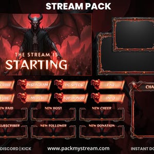 Può includere: Un pacchetto di streaming digitale a tema dark fantasy. La grafica principale presenta una figura demoniaca con la scritta "THE STREAM IS STARTING". Include cornici di sovrapposizione, chat box e pulsanti social media come "SUBSCRIBE" e "INSTAGRAM".
