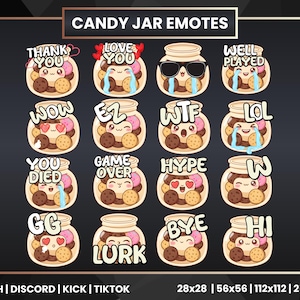 Pode incluir: Um conjunto de emotes de potes de doces com várias expressões e texto, incluindo "Obrigado", "Amo-te" e "Bem jogado". Os emotes são projetados para plataformas como Twitch, Discord, Kick e TikTok.