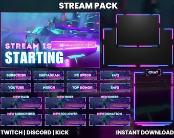 Może przedstawiać: Cyfrowy pakiet stream z neonową estetyką. Główna grafika mówi "Stream is Starting" z samochodem w tle. Zawiera elementy nakładki dla Twitch, Discord i Kick, takie jak alerty subskrypcji i okna czatu. Obecny jest również tekst "Instant Download".