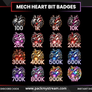 Może przedstawiać: Kolekcja szesnastu cyfrowych odznak zatytułowanych MECH HEART BIT BADGES, przedstawiająca ilustracje mechanicznych serc z kołami zębatymi i rurami w różnych kolorach. Każda odznaka jest oznaczona wartościami liczbowymi od 100 do 1M na czarnym tle.