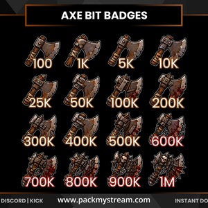 May include: A collection of sixteen digital axe bit badges arranged in a grid, labeled with numerical values from 100 to 1M. Each badge features a stylized axe with varying levels of detail, blood splatter, and skull ornaments on a dark background.