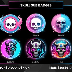 May include: A set of six digital skull sub badges for Twitch, Discord, and Kick. The badges feature various skull designs in pink and blue neon colour schemes, labelled as Base, 2 Month, 3 Month, 6 Month, 9 Month, and 1 Year. The text SKULL SUB BADGES is at the top, with 18x18, 36x36, and 72x72 dimensions listed at the bottom.
