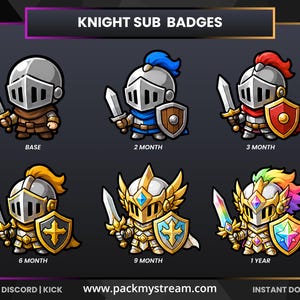 Może przedstawiać: Zestaw sześciu cyfrowych ilustracji rycerzy z napisem KNIGHT SUB BADGES. Postacie ewoluują od podstawowego rycerza w brązowej zbroi do rycerzy z niebieskimi, czerwonymi, złotymi i tęczowymi akcentami, każdy z mieczem i tarczą.