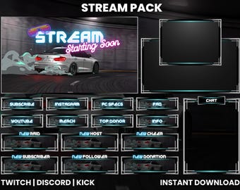 Racing Car Twitch Stream Pack | Animated Overlays and Panels