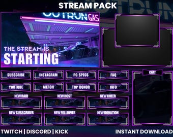 Może przedstawiać: Cyfrowy pakiet streamingu w fioletowo-czarnej kolorystyce. Projekt zawiera samochód, słowa "The Stream is Starting" oraz różne przyciski do mediów społecznościowych i funkcji streamu. Widoczny jest również tekst "Twitch | Discord | Kick".