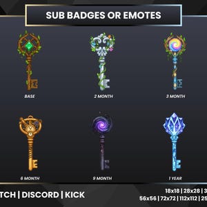 May include: An image featuring six stylized key designs labeled "Sub Badges or Emotes." Each key has a unique design, with variations for "Base," "2 Month," "3 Month," "6 Month," "9 Month," and "1 Year." The image includes text for Twitch, Discord, and Kick.