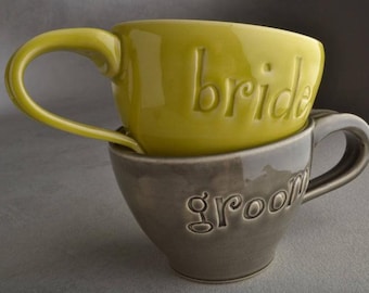 Bride Groom Wedding Coffee Mugs Soup Cocoa Tea Cup Ready To Ship by Symmetrical