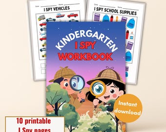 Peut inclure: Un "Cahier d'exercices I Spy Maternelle" coloré avec le texte "I Spy" et des illustrations d'enfants avec des loupes. Le cahier comprend des pages "I Spy Véhicules" et "I Spy Fournitures scolaires". L'image comprend également le texte "10 pages I Spy imprimables" et "Téléchargement instantané".