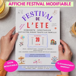 Puede incluir: Un cartel del "Festival de L'Ete" que anuncia conciertos, espectáculos y actividades para toda la familia. El cartel incluye la fecha "20 de junio" y el sitio web www.assos-site.com. El cartel está sostenido por dos manos.