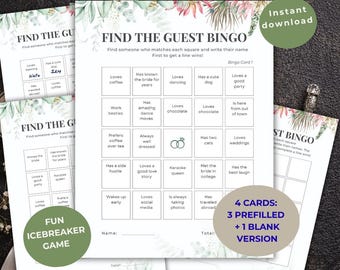 Find the Guest Bingo Game, 3 Pre-Filled Versions Included + 1 Blank, Bridal Shower Game Printable, Icebreaker Game, Instant Download PDF