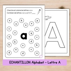 Può includere: Foglio di lavoro didattico di due pagine con il testo "Cherche et colorie les lettres « a » Combien de lettres « a » y a-t-il ?" La prima pagina ha cerchi con lettere, la seconda ha una grande lettera A e un'illustrazione di coccodrillo. Il testo "ECHANTILLON Alphabet - Lettre A" è in basso.