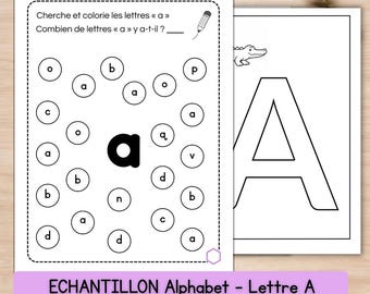 Peut inclure: Feuille de travail éducative de deux pages avec le texte "Cherche et colorie les lettres « a » Combien de lettres « a » y a-t-il ?" La première page contient des cercles avec des lettres, la seconde une grande lettre A et une illustration de crocodile. Le texte "ECHANTILLON Alphabet - Lettre A" est en bas.