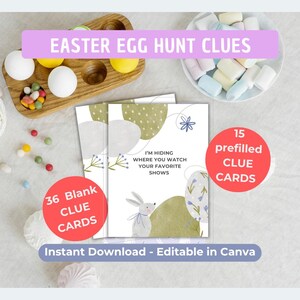 Peut inclure: Cartes d'indices pour une chasse aux œufs de Pâques avec le texte "Easter Egg Hunt Clues". L'image montre 36 cartes d'indices vierges et 15 cartes d'indices pré-remplies. Les cartes ont un design de lapin et d'œuf. Le texte "I'm hiding where you watch your favorite shows" est également visible.