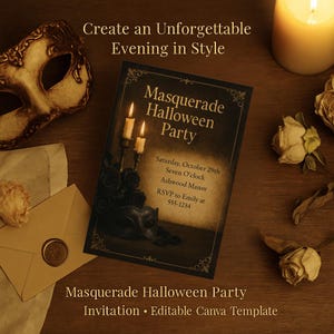 Könnte beinhalten: Einladungskarte für eine Masquerade Halloween Party im Vintage-Stil. Die Einladung zeigt verzierte Ränder, brennende Kerzen und eine Maske. Der Text lautet "Schaffen Sie einen unvergesslichen Abend mit Stil" und enthält Eventdetails.