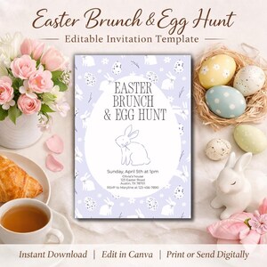 Blue Bunny Easter Brunch Invitation, Egg Hunt Invite Editable in Canva, Printable Easter Invite, Kids Easter Party Invite, Instant download