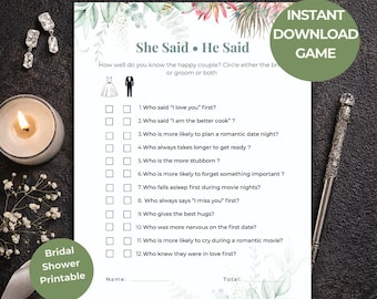 Juego imprimible "Ella dijo él dijo", juego de despedida de soltera, actividad nupcial, juego de despedida de soltera, descarga instantánea