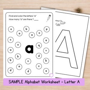 Puede incluir: Dos hojas de trabajo blancas con texto e ilustraciones en negro. Una hoja de trabajo tiene una actividad para encontrar letras con la letra "a" y el texto "Find and color the letters a". La otra hoja de trabajo tiene un gran contorno de la letra "A". El texto "SAMPLE Alphabet Worksheet - Letter A" está en la parte inferior.