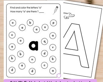 May include: Two white worksheets with black text and illustrations. One worksheet has a letter-finding activity with the letter "a" and the text "Find and colour the letters a". The other worksheet has a large outline of the letter "A". The text "SAMPLE Alphabet Worksheet - Letter A" is at the bottom.