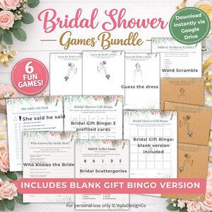 Peut inclure: Un ensemble de jeux pour une fête prénuptiale, comprenant "Devinez la robe", "Mots mélangés" et "Bingo des cadeaux de mariage". L'ensemble présente un thème rose et or avec des accents floraux et le texte "Bridal Shower Games Bundle".