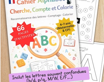 Cahier Alphabet à imprimer – 66 pages d’activités lettres avec animaux, compter et colorier – PDF enfant maternelle