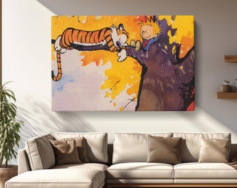 Calvin and Hobbes Wall Art, Cartoon Canvas, Famous American Cartoon Poster, Ready to Hang.