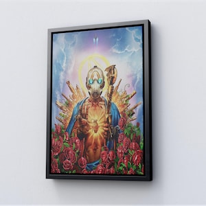 Könnte beinhalten: Gerahmtes Kunstwerk mit einer Figur mit Gasmaske und blauem Umhang, umgeben von Rosen und Waffen. Die Figur hält einen Stab und eine Granate, mit einem Heiligenschein und einer Rakete im Hintergrund. Das Kunstwerk ist vor einem himmelblauen Hintergrund angeordnet.