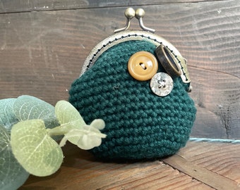 Coin Purse, Vintage Inspired Coin Purse, Button Coin Purse, Handmade Coin Purse, Crochet Coin Purse, Dark Green Coin Purse