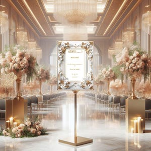 Puede incluir: Un letrero de bienvenida dorado con detalles florales blancos y dorados ornamentados se encuentra en un gran salón. El letrero muestra la palabra «BIENVENIDA» y los detalles del evento. El salón cuenta con arreglos florales, candelabros y mesas.