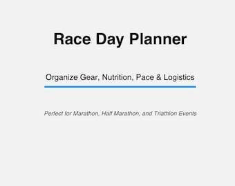 Puede incluir: Fondo blanco con el texto "Race Day Planner" en negro. Debajo, se lee "Organize Gear, Nutrition, Pace & Logistics". El texto "Perfect for Marathon, Half Marathon, and Triathlon Events" está en la parte inferior.