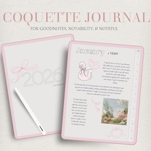 以下が含まれることがあります： ピンク色の縁取りのデジタルジャーナルで、「Coquette Journal」と「2026 Journal」の文字が入っています。ジャーナルのページには手書きのテキスト、白鳥のイラスト、風景画像が表示されています。白いスタイラスが表紙に置かれています。