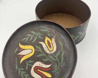Vintage Guildcraft of New York ronde blikken houder met een handgeschilderd (toleware) tulpontwerp in Pennsylvania Dutch-stijl