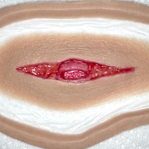 Puede incluir: Prótesis de herida abierta realista con una zona central elevada y una profunda incisión roja. Los bordes son color carne, desvaneciéndose hacia el blanco, creando un efecto realista. Ideal para Halloween o maquillaje de efectos especiales.